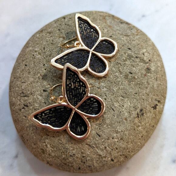 BUTTERFLY Gold and Black Filagree 3D Hook Earrings - Picture 6 of 6